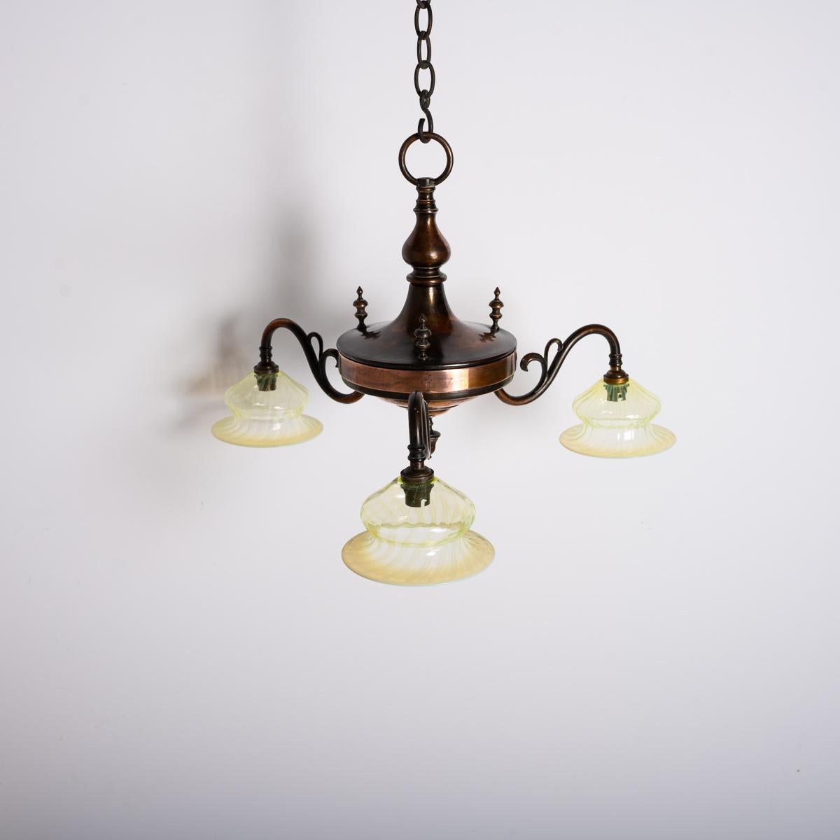 Art Nouveau Copper Three Branch Chandelier With Vaseline Glass Shades By Gec For Sale 5