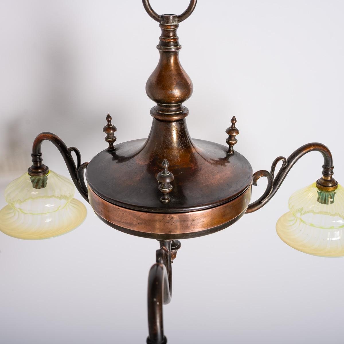 Art Nouveau Copper Three Branch Chandelier With Vaseline Glass Shades By Gec For Sale 6