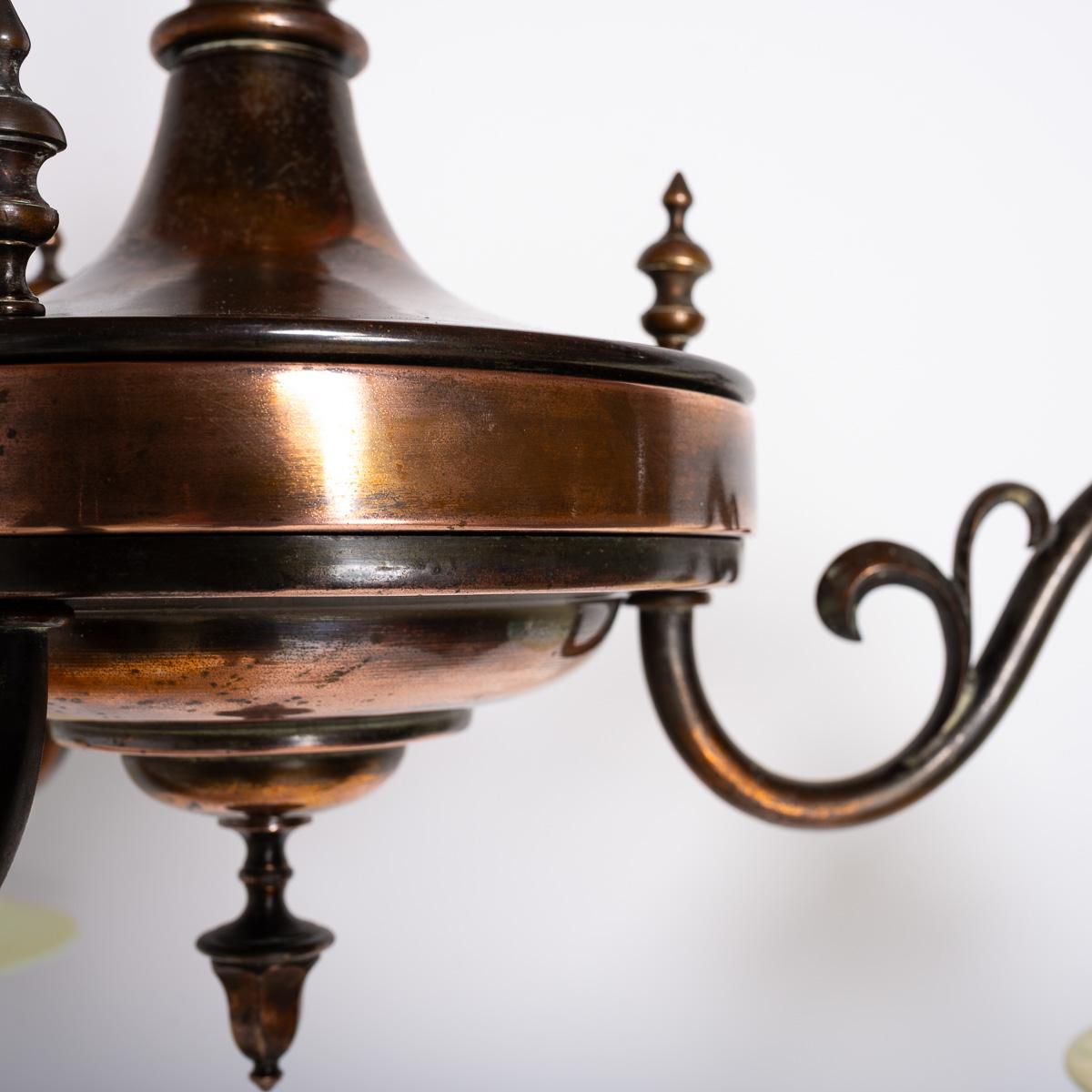 Art Nouveau Copper Three Branch Chandelier With Vaseline Glass Shades By Gec For Sale 7