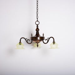 Art Nouveau Copper Three Branch Chandelier With Vaseline Glass Shades By Gec