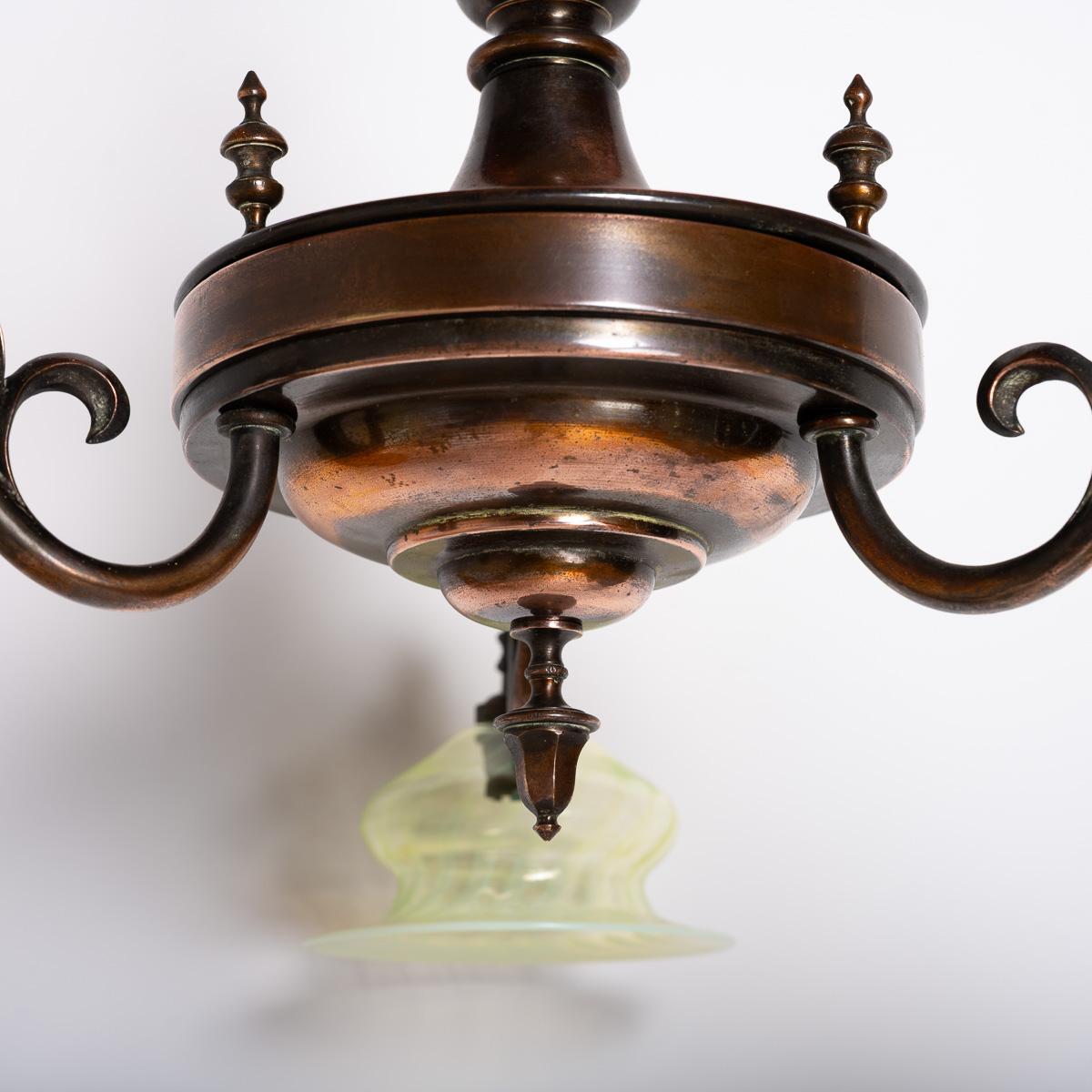 British Art Nouveau Copper Three Branch Chandelier With Vaseline Glass Shades By Gec For Sale
