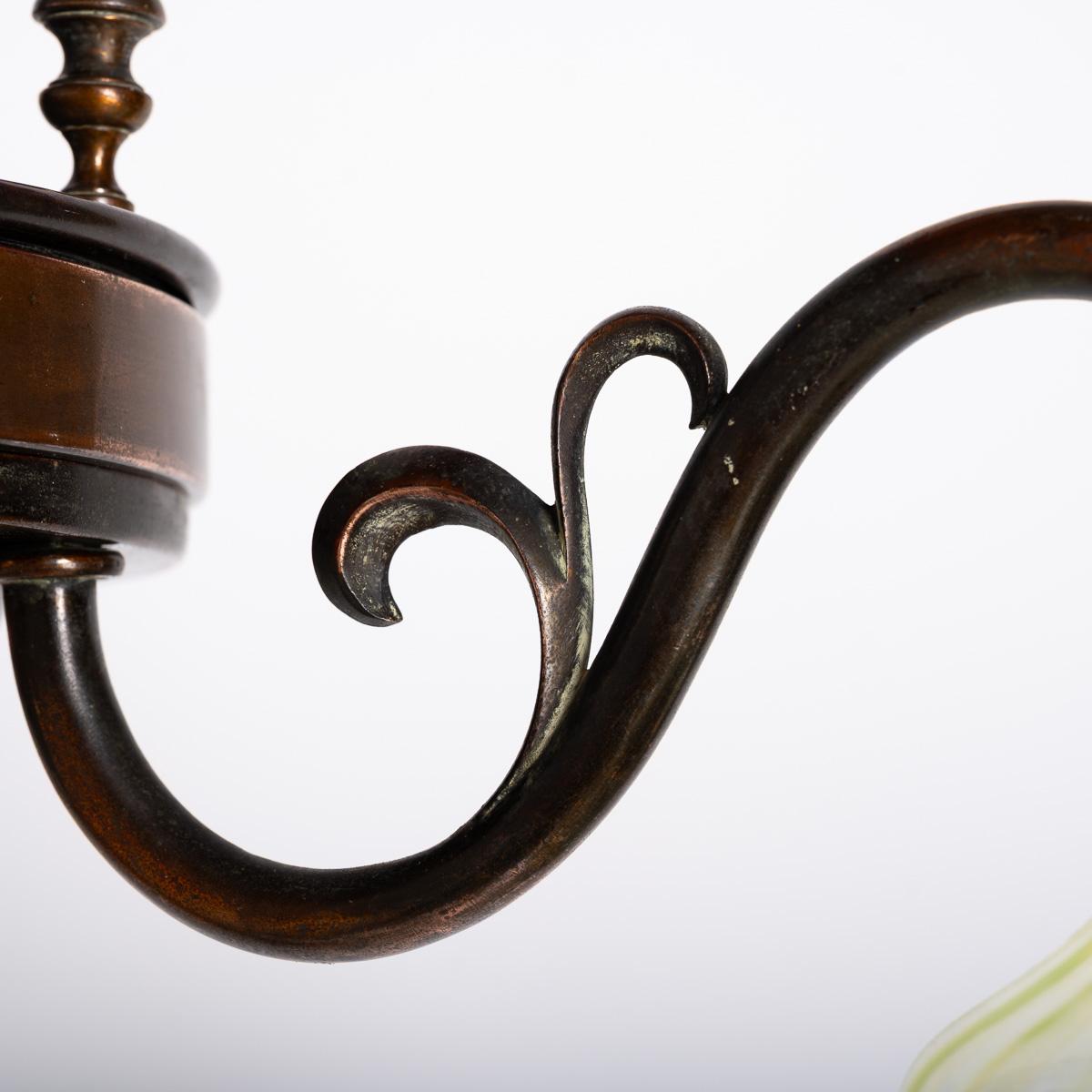 Art Nouveau Copper Three Branch Chandelier With Vaseline Glass Shades By Gec In Good Condition For Sale In Nottingham, GB