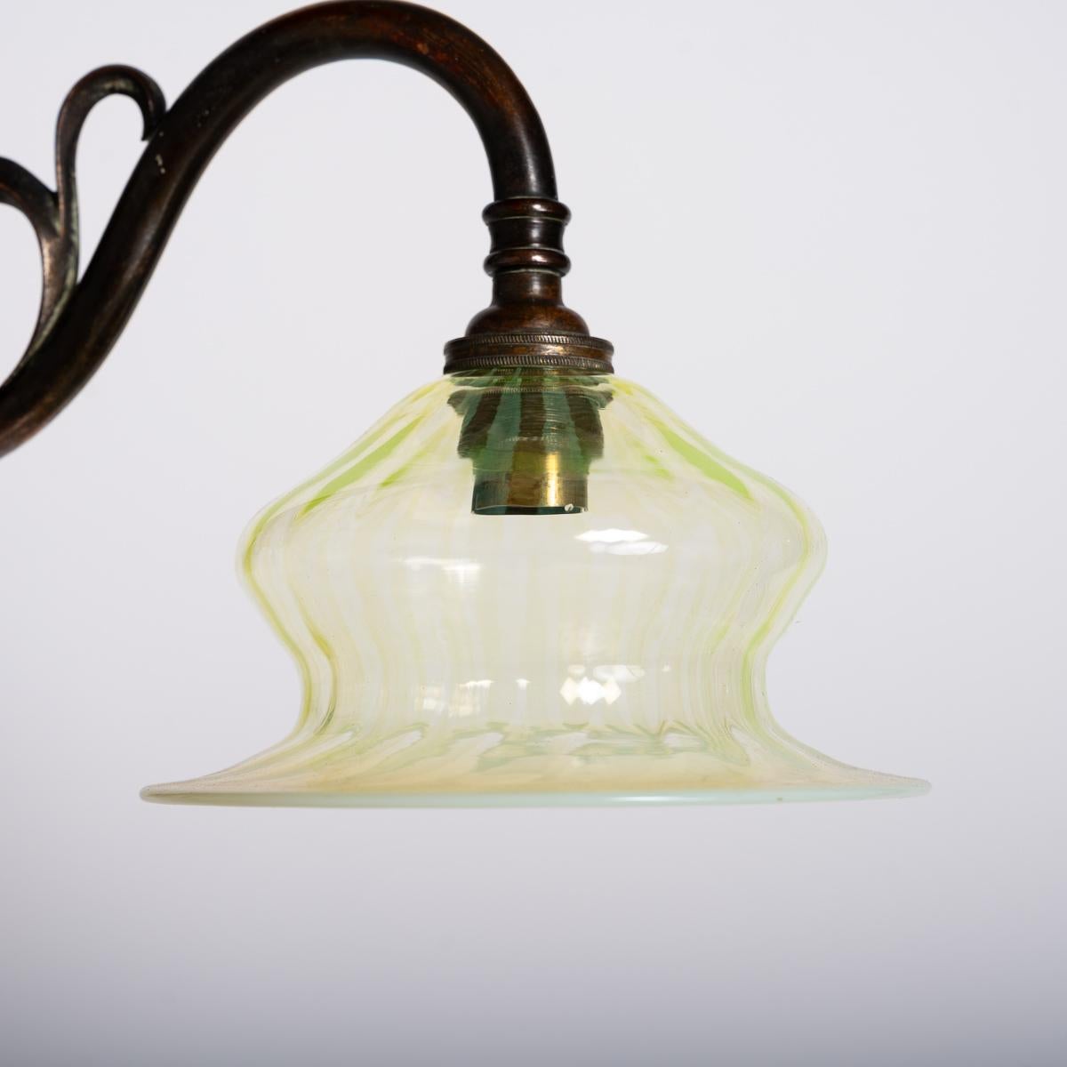 20th Century Art Nouveau Copper Three Branch Chandelier With Vaseline Glass Shades By Gec For Sale