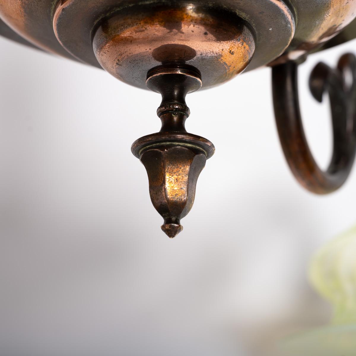 Art Nouveau Copper Three Branch Chandelier With Vaseline Glass Shades By Gec For Sale 1