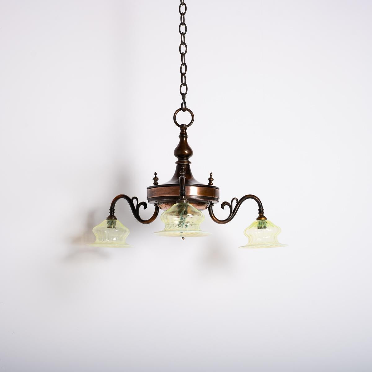 Art Nouveau Copper Three Branch Chandelier With Vaseline Glass Shades By Gec For Sale 2