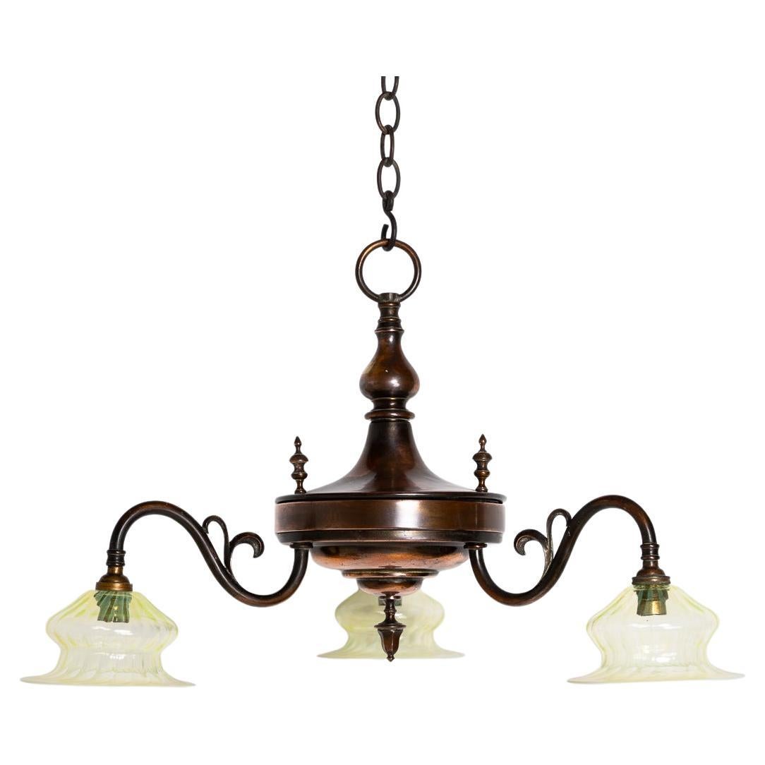 Art Nouveau Copper Three Branch Chandelier With Vaseline Glass Shades By Gec For Sale