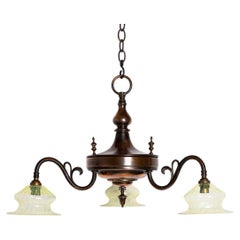 Art Nouveau Copper Three Branch Chandelier With Vaseline Glass Shades By Gec