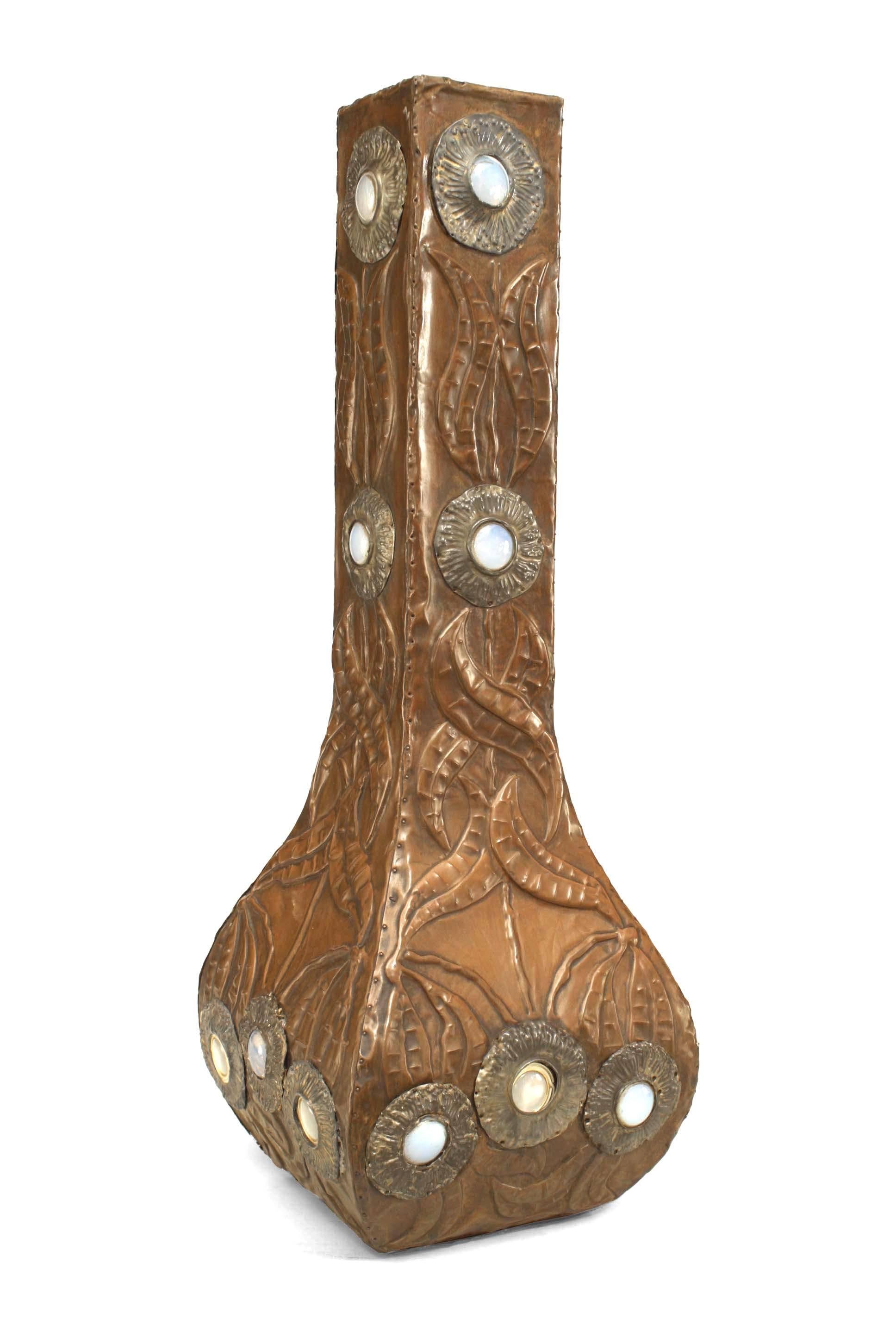 Art Nouveau copper veneered square shaped vase with tapered neck and incised floral design with opaline inserts as flowers.
