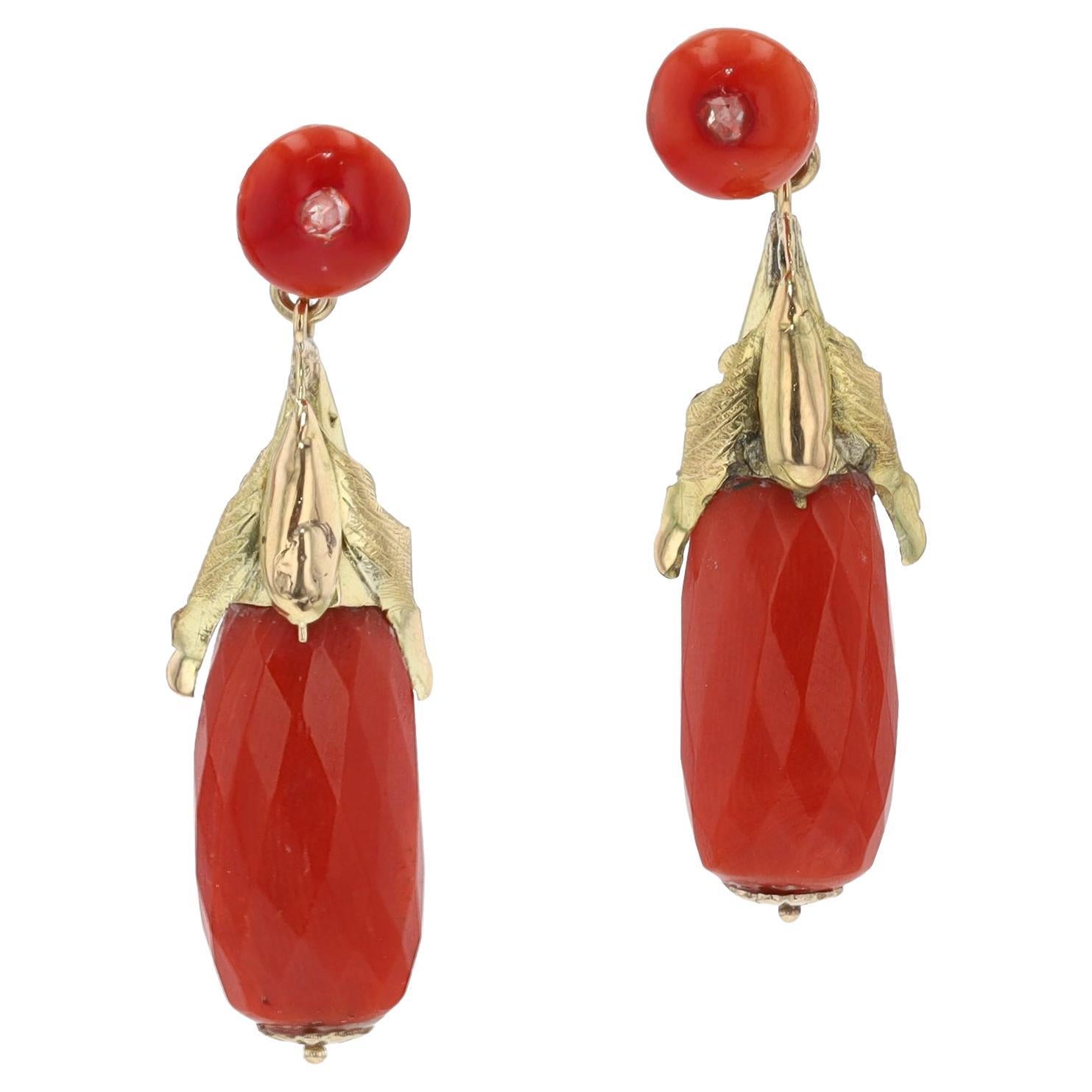 Art Nouveau Coral 18k Gold Bat Dangle Earrings