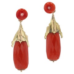 Art Nouveau Coral 18k Gold Bat Dangle Earrings