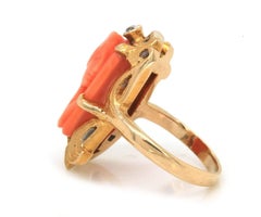 Art Nouveau Coral and Diamond Cameo Ring in 14K Yellow Gold