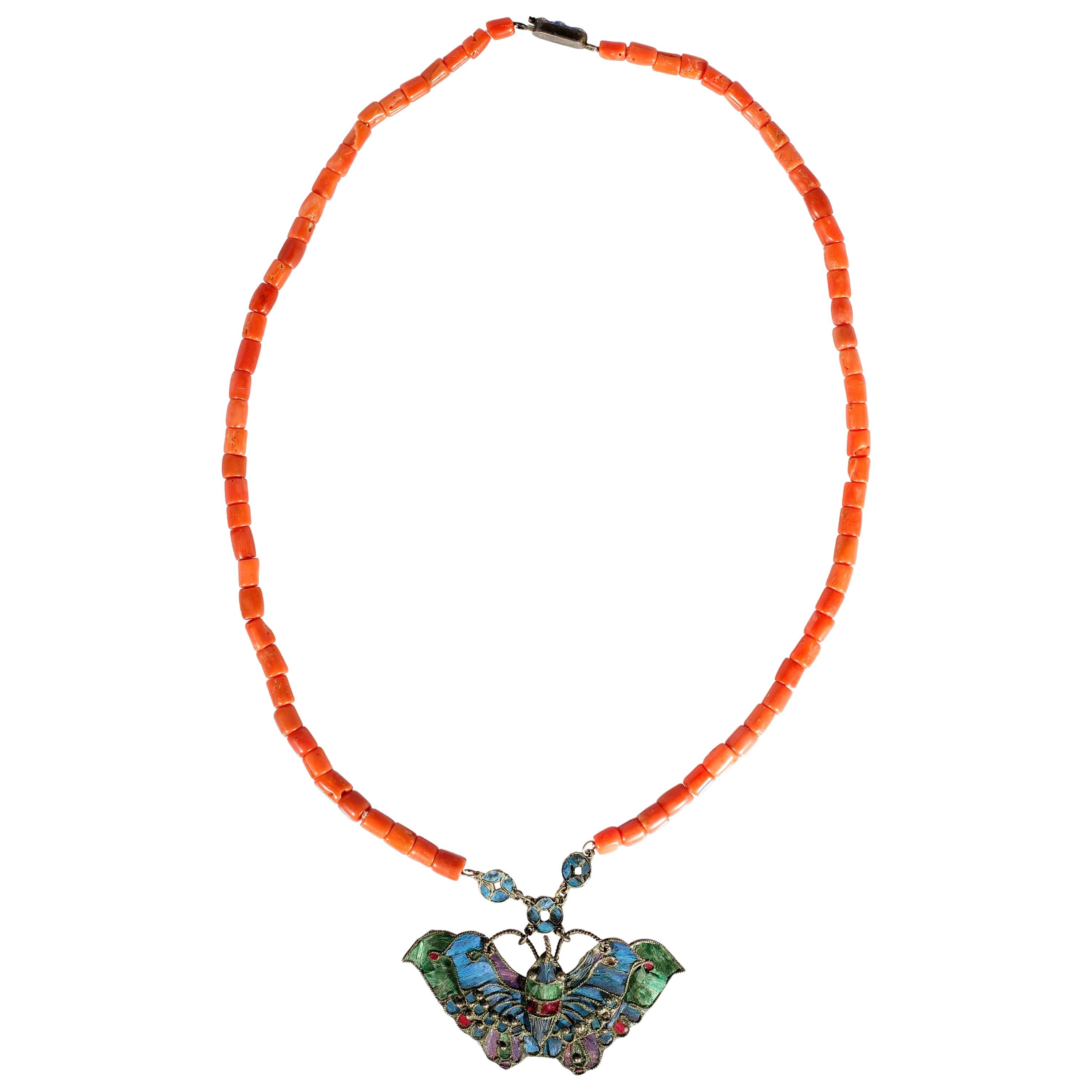 Art Nouveau Coral and Kingfisher Necklace