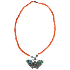 Antique Art Nouveau Coral and Kingfisher Necklace