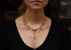 Art Nouveau Coral and Seed Pearl Festoon Bib Necklace