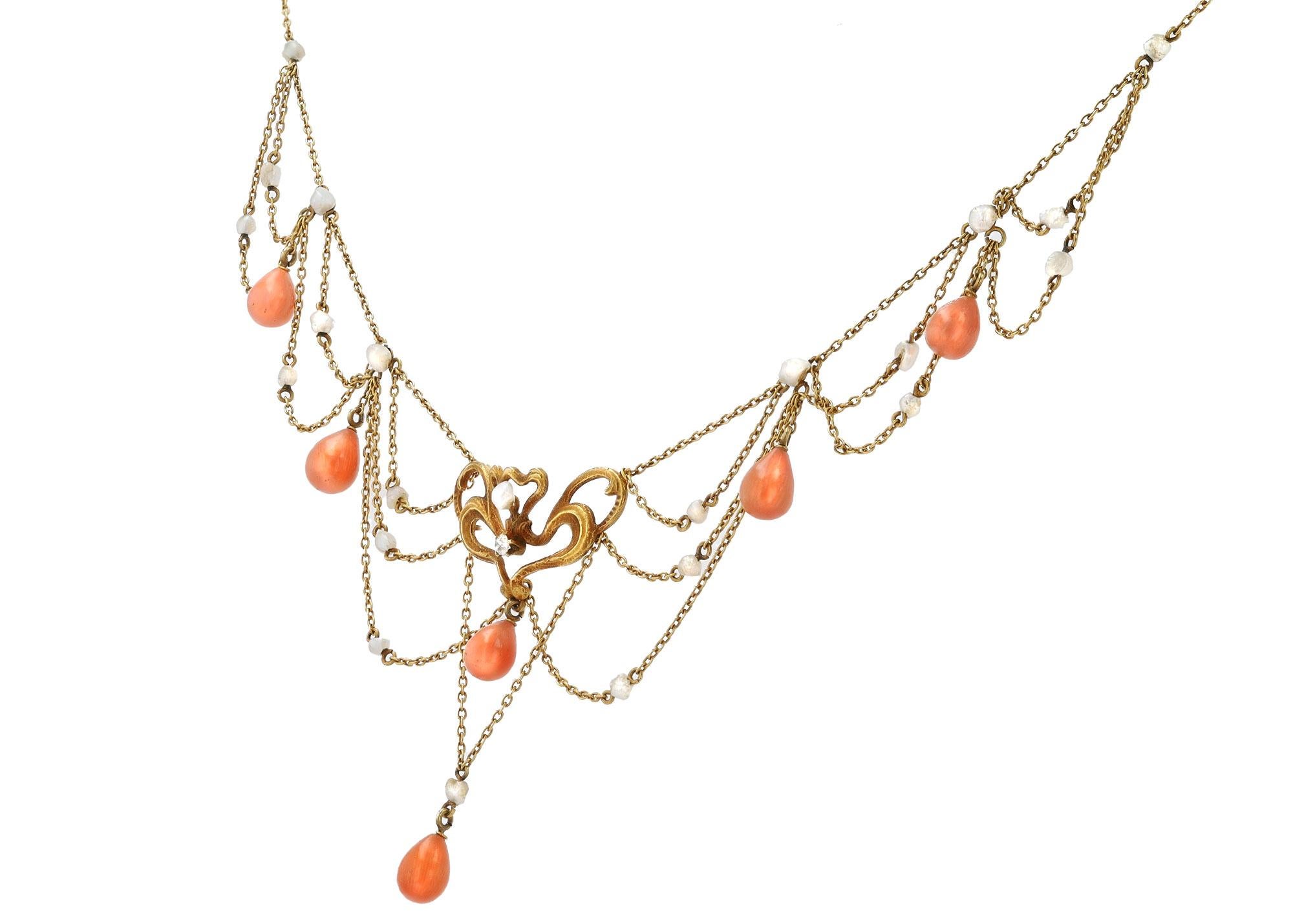 Art Nouveau Coral and Seed Pearl Festoon Bib Necklace In Good Condition For Sale In Santa Barbara, CA