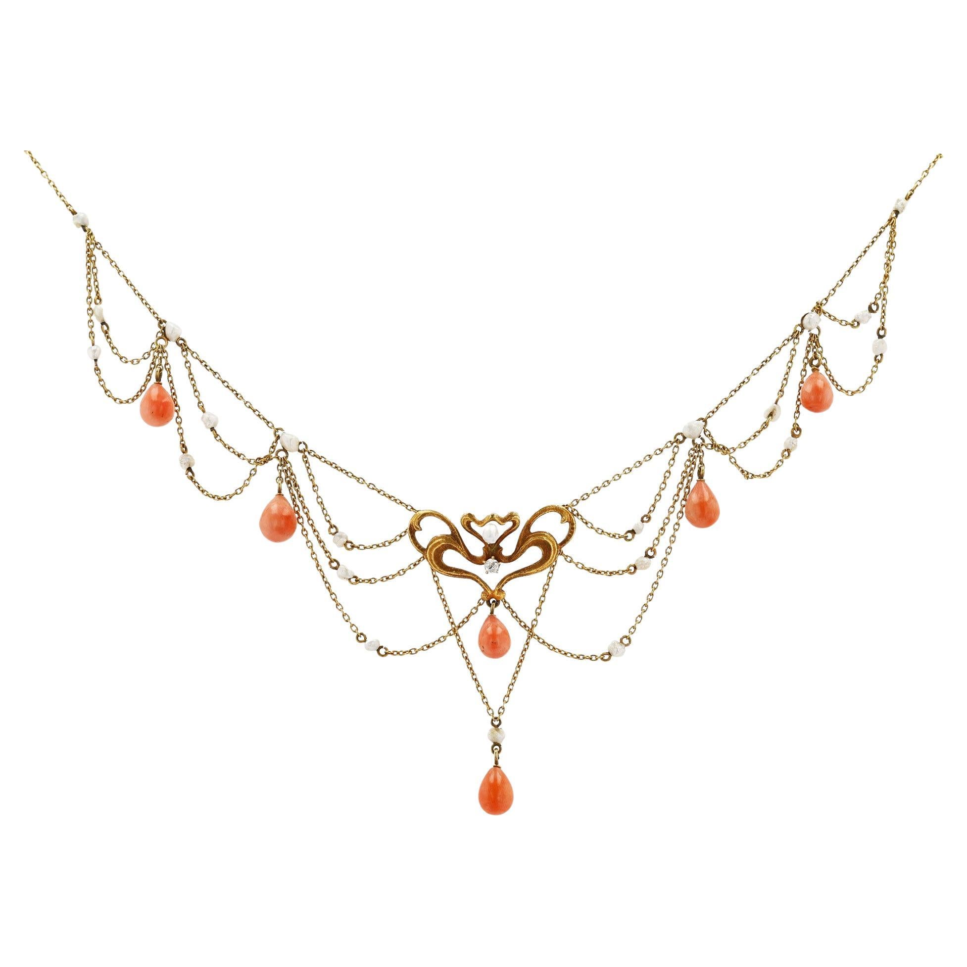 Art Nouveau Coral and Seed Pearl Festoon Bib Necklace