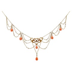 Art Nouveau Coral and Seed Pearl Festoon Bib Necklace