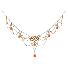 Art Nouveau Coral and Seed Pearl Festoon Bib Necklace