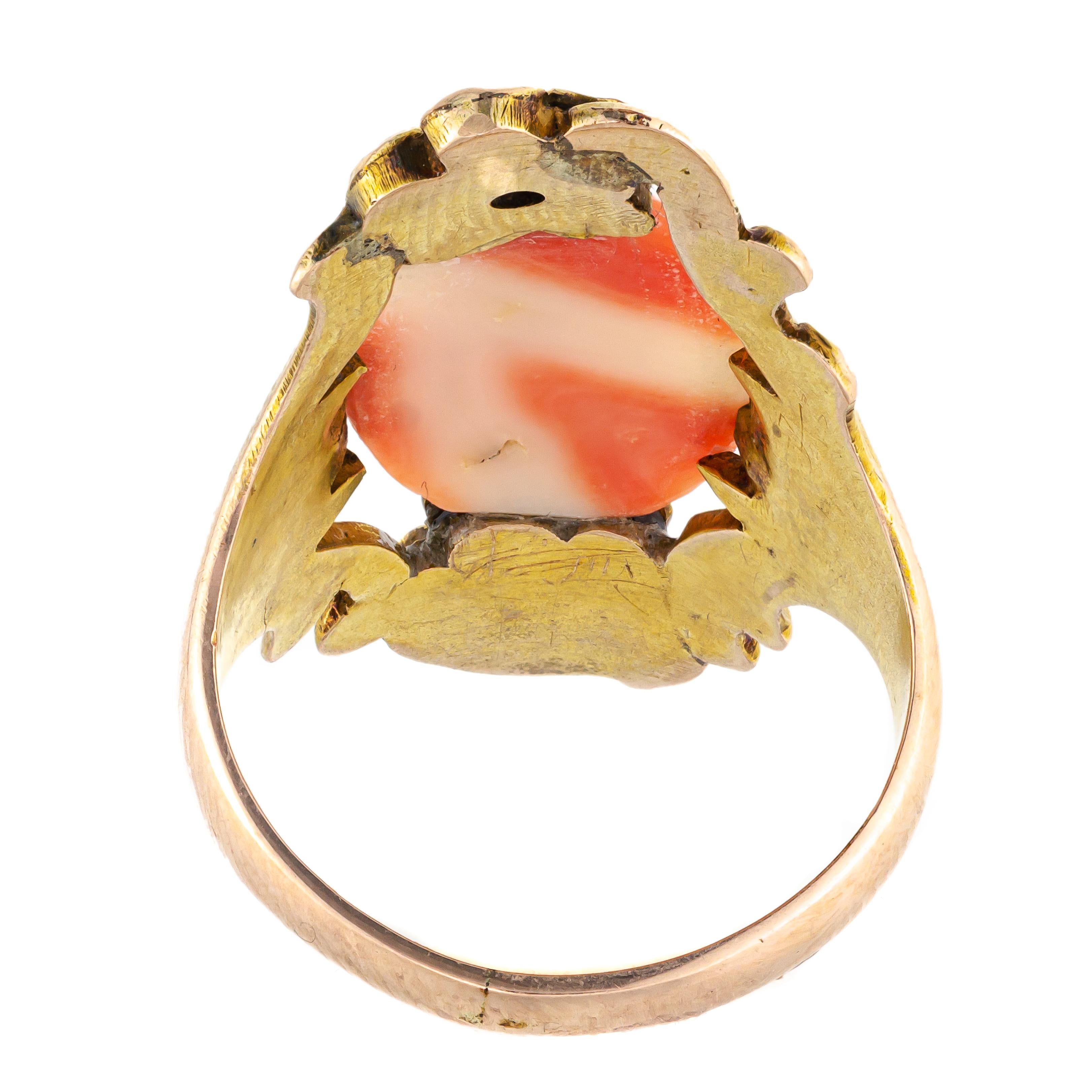 Single Cut Art Nouveau Coral Cameo Diamond Yellow Gold Ring, Circa 1905 For Sale