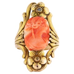 Antique Art Nouveau Coral Cameo Diamond Yellow Gold Ring, Circa 1905