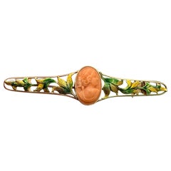 Spilla Art Nouveau in corallo e cammeo smaltato in oro 14 carati Fiore di fanciulla