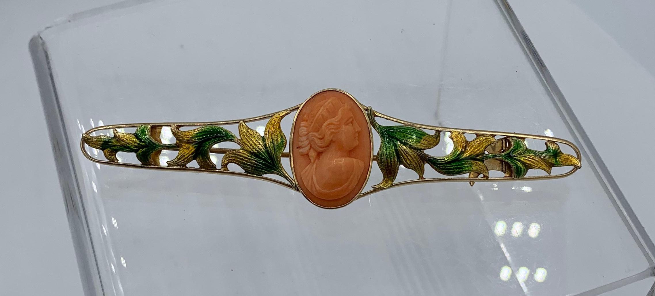 Art Nouveau Coral Cameo Enamel Brooch Pin 14 Karat Gold Maiden Flower In Excellent Condition For Sale In New York, NY