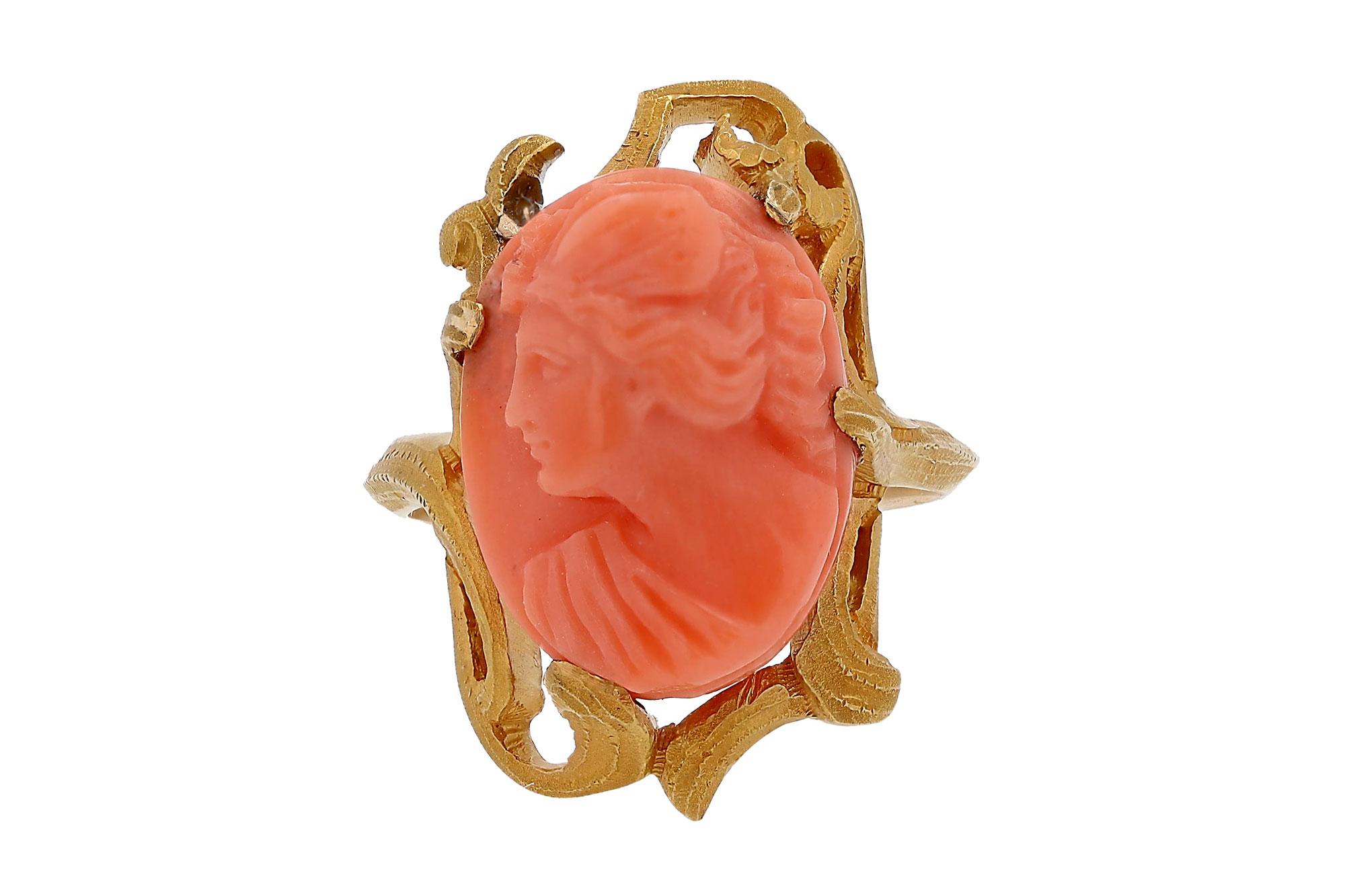 Oval Cut Art Nouveau Coral Cameo Ornate Ring For Sale