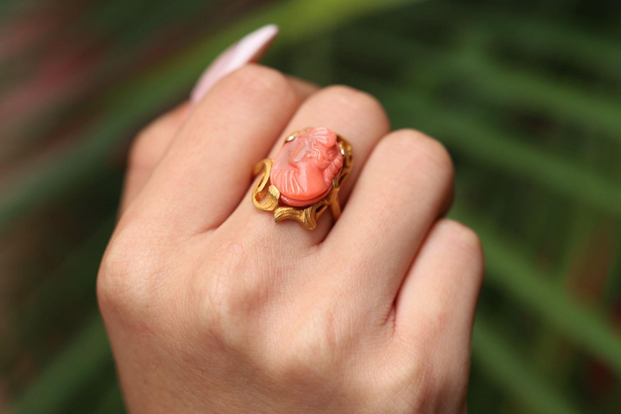 Art Nouveau Coral Cameo Ornate Ring In Good Condition For Sale In Santa Barbara, CA