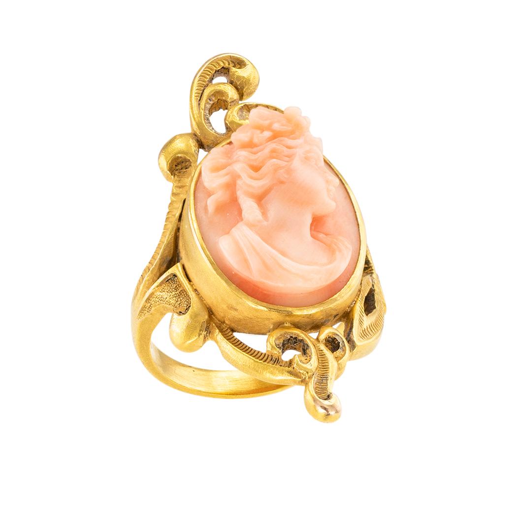 Art Nouveau coral cameo and yellow gold ring circa 1905.

The facts you want to know are listed below.  Read on.  It is remarkably short, simple, and clear.  Do contact us right away if you have additional questions. 

SPECIFICATIONS:

GEMSTONE: 