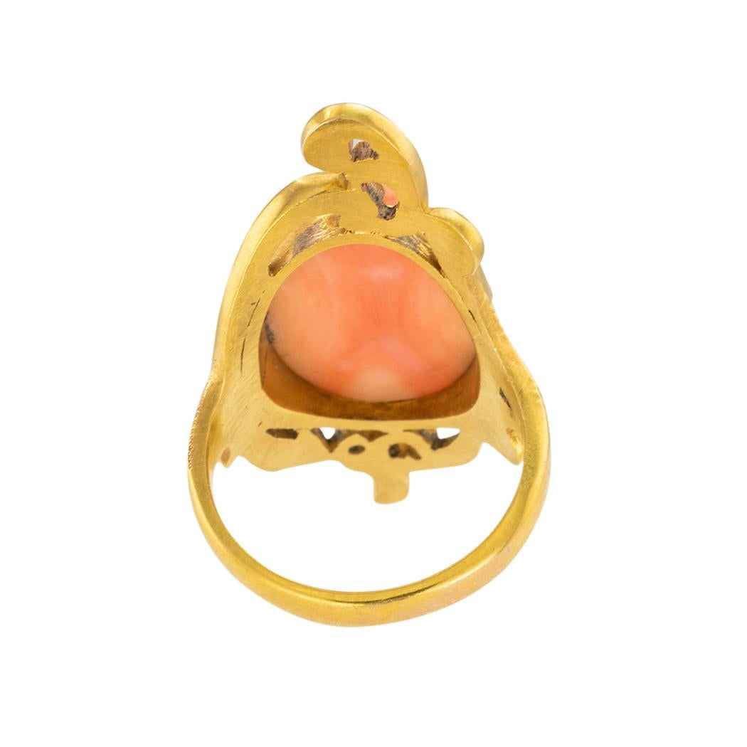 Oval Cut Art Nouveau Coral Cameo Yellow Gold Ring