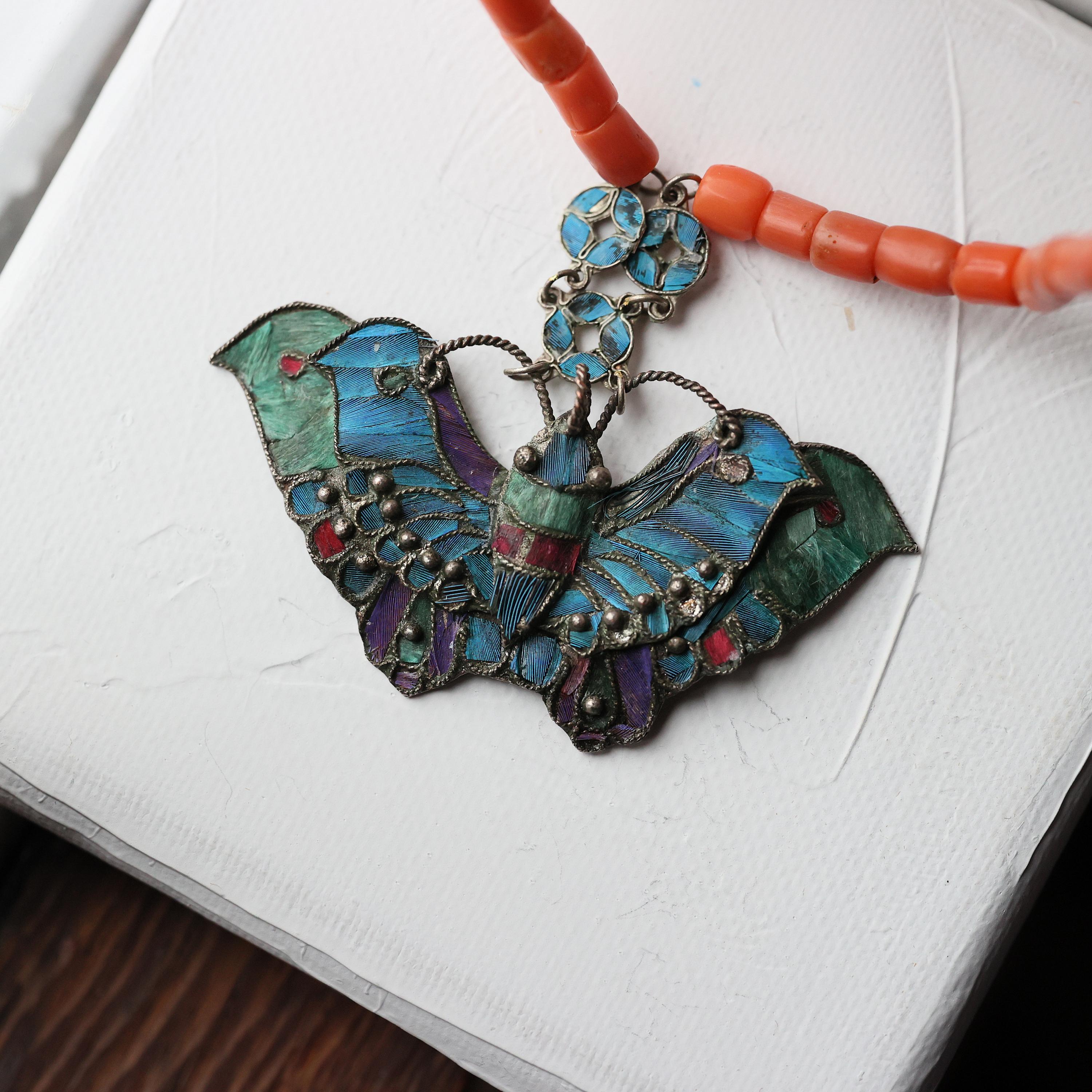 Art Nouveau Coral and Kingfisher Necklace 3