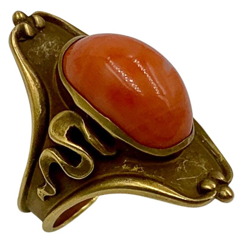 Art Nouveau Coral Ring 14 Karat Gold Salmon Coral Cabochon, circa 1900