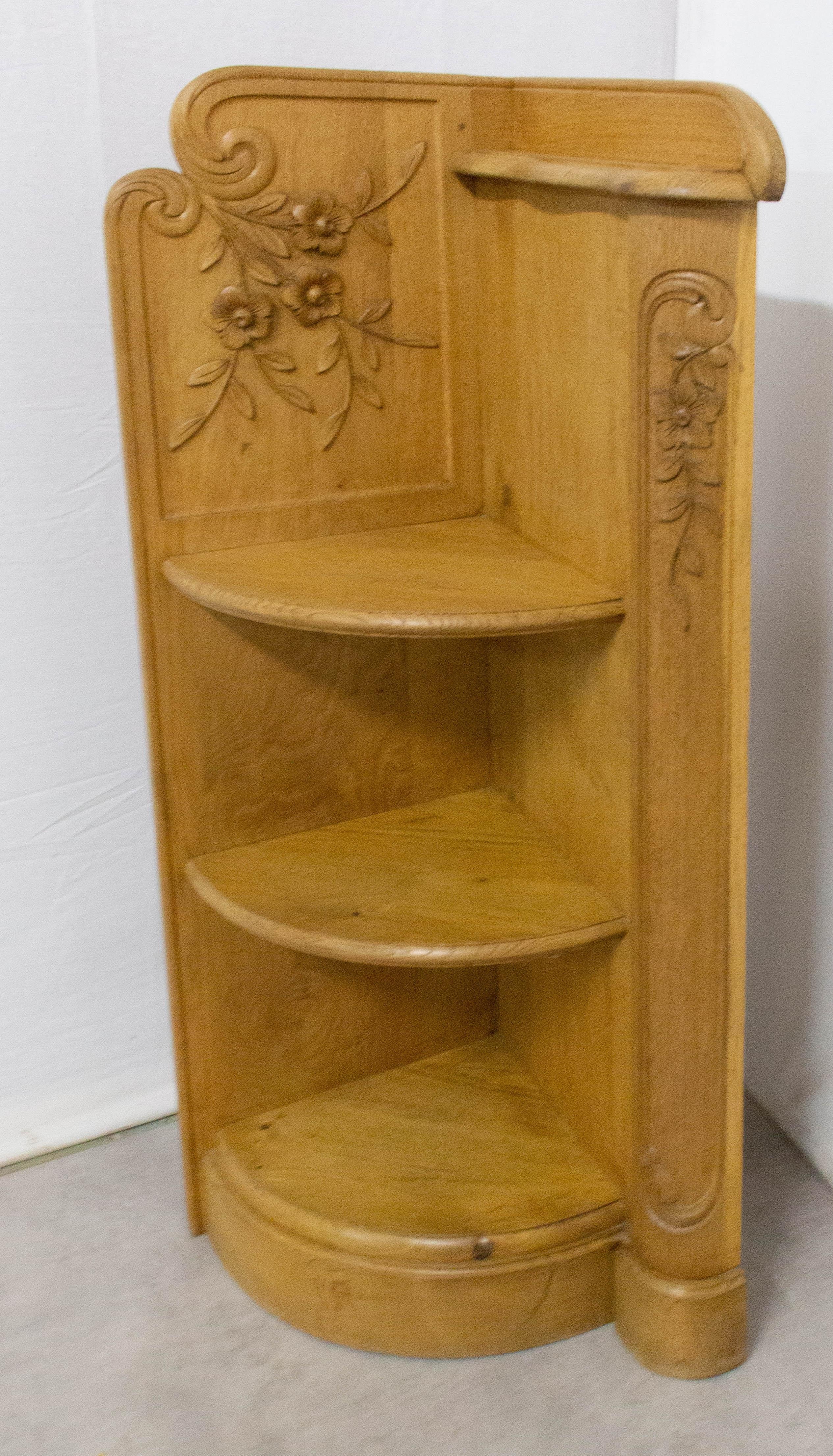 French Art Nouveau étagère, 
Corner shelve from a pharmacy (meuble de métier)
Dimensions between two shelves: 11.42 in.
Very good condition

For shipping: 
122 x 40 x 48 cm 26 kg.
   