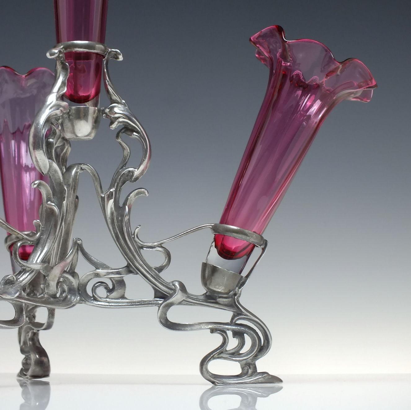 Late 19th Century Art Nouveau Cranberry Glass Epergne in Silver Plated Stand, c1900