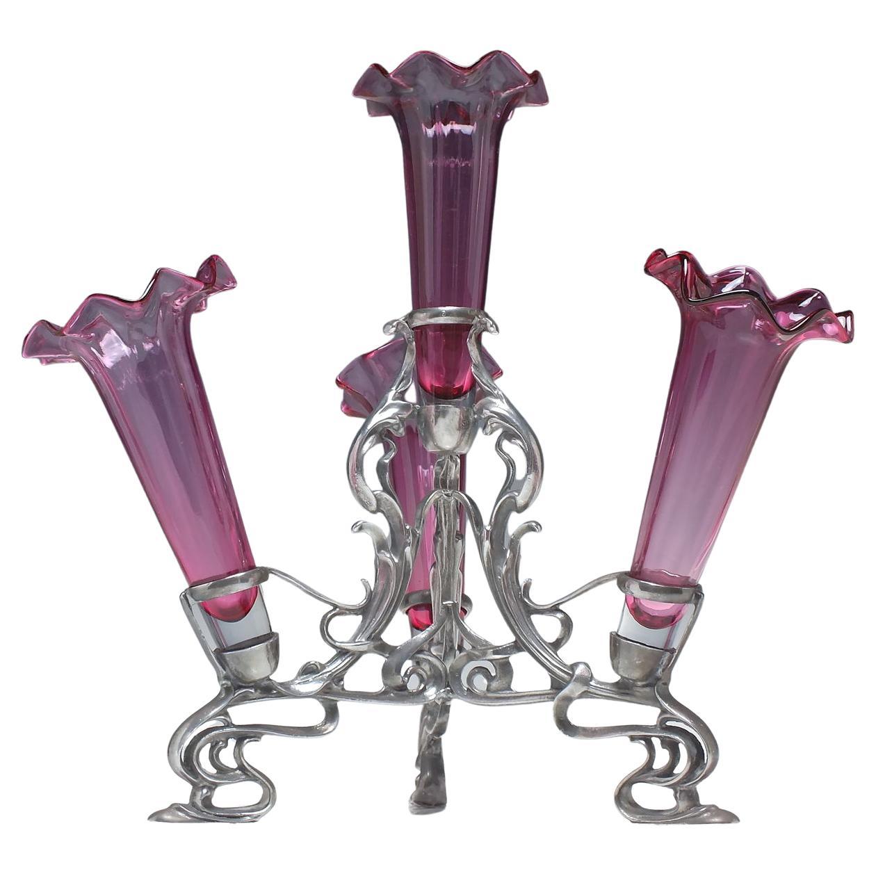 Art Nouveau Cranberry Glass Epergne in Silver Plated Stand, c1900