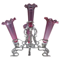 Used Art Nouveau Cranberry Glass Epergne in Silver Plated Stand, c1900