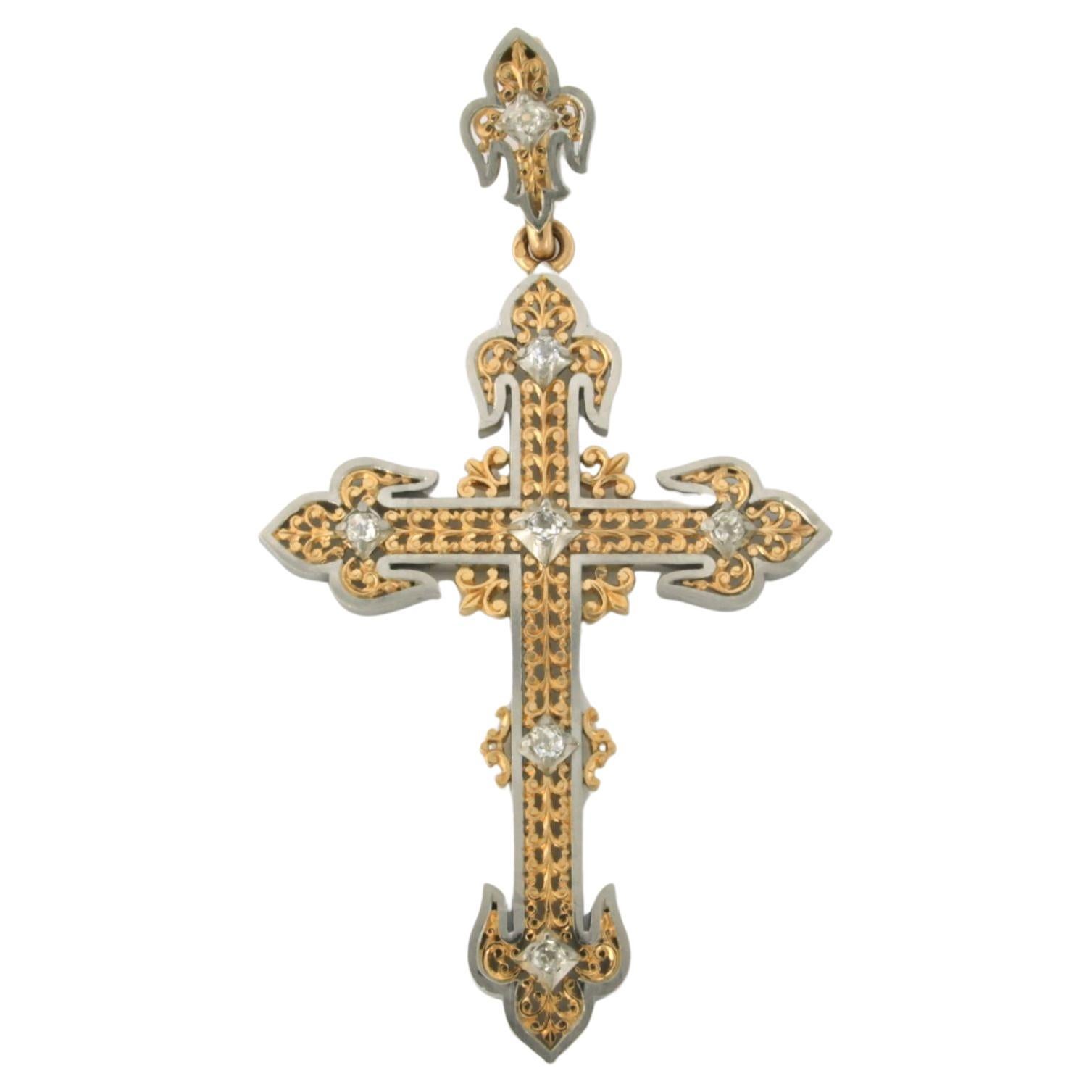 ART NOUVEAU cross pendant set with diamonds 0.40ct 18k gold For Sale