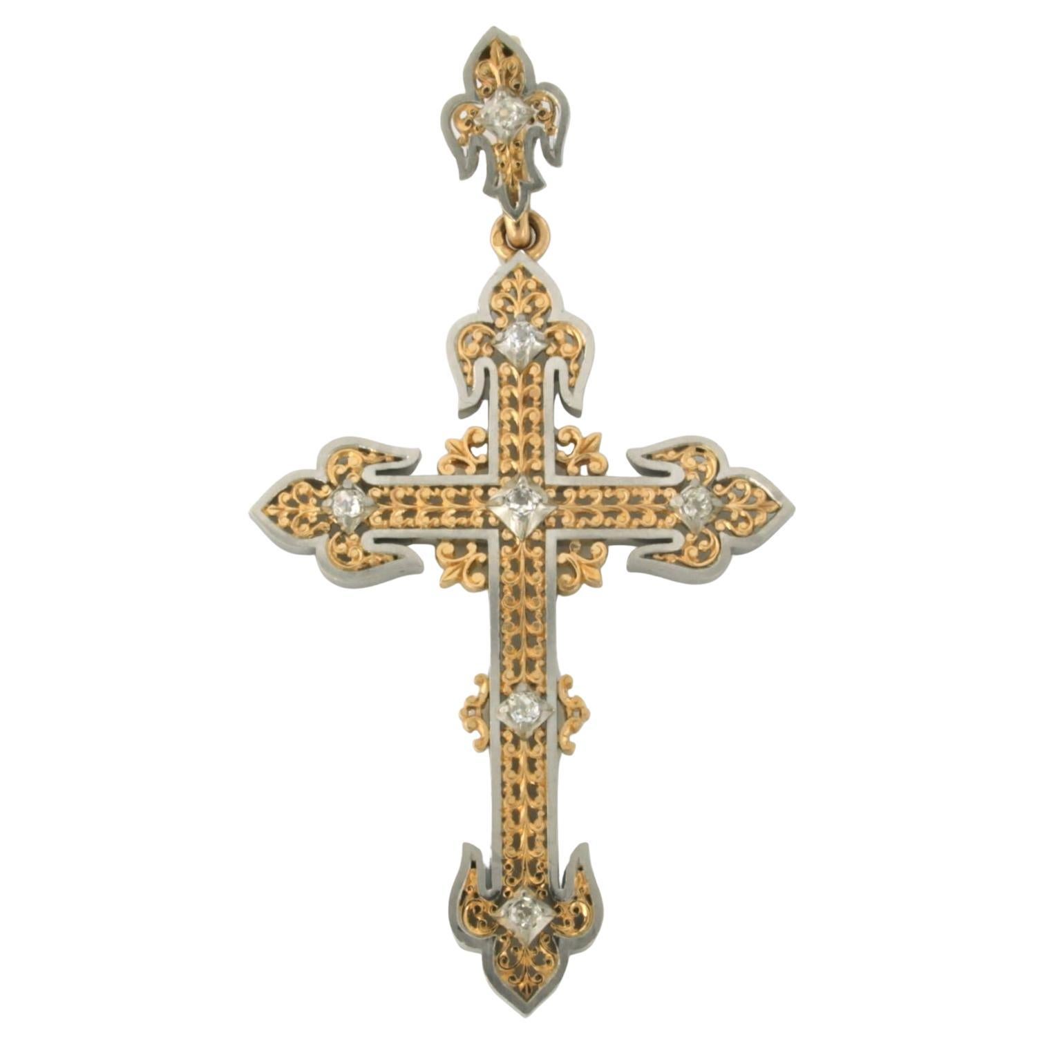 ART NOUVEAU cross pendant set with old mine cut diamonds 0.40ct 18k gold