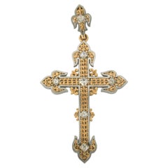 Pendentif croix ART NOUVEAU serti de diamants taille ancienne de 0,40 carat et or 18 carats