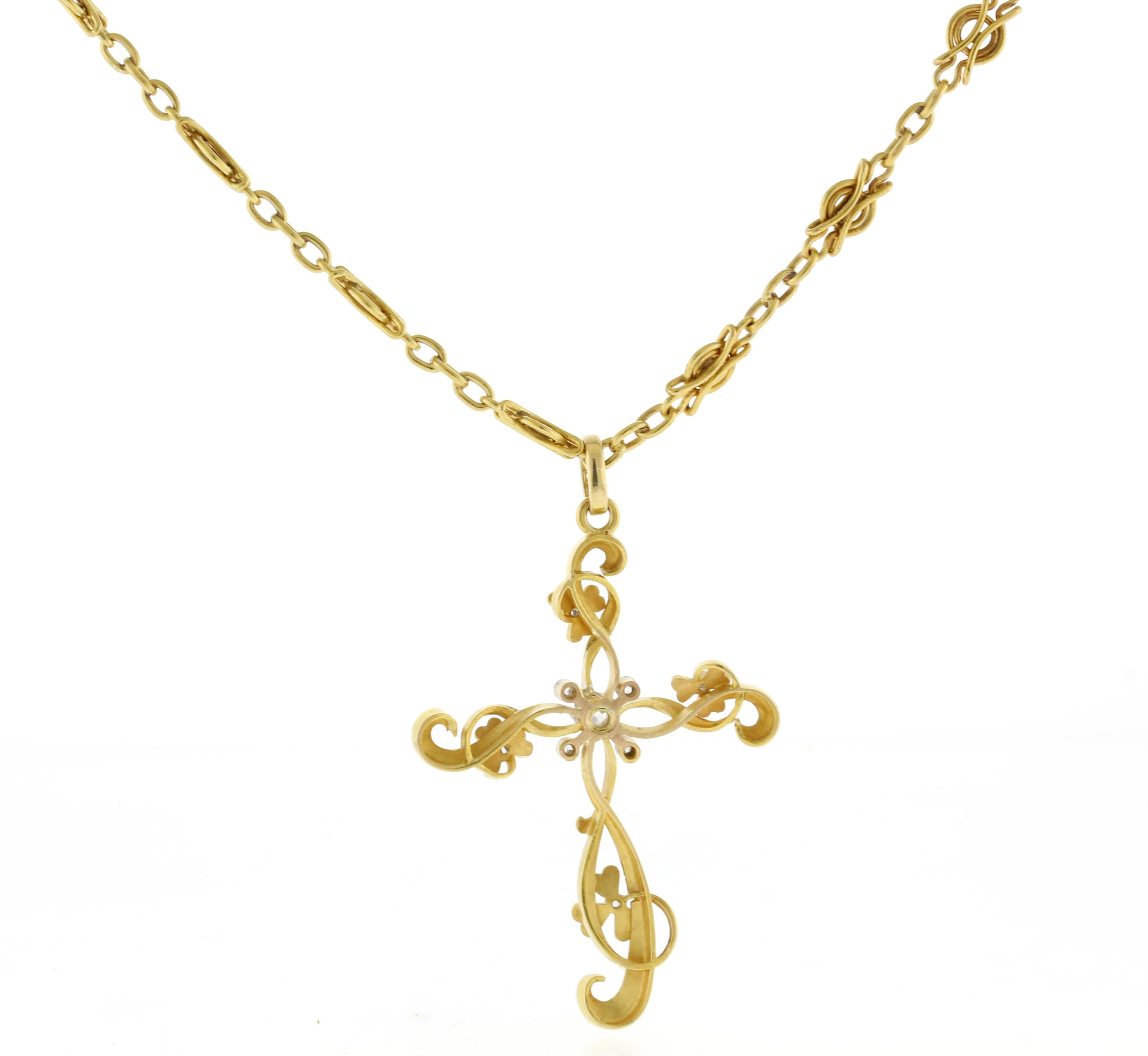 Old Mine Cut Art Nouveau Cross with Diamonds For Sale