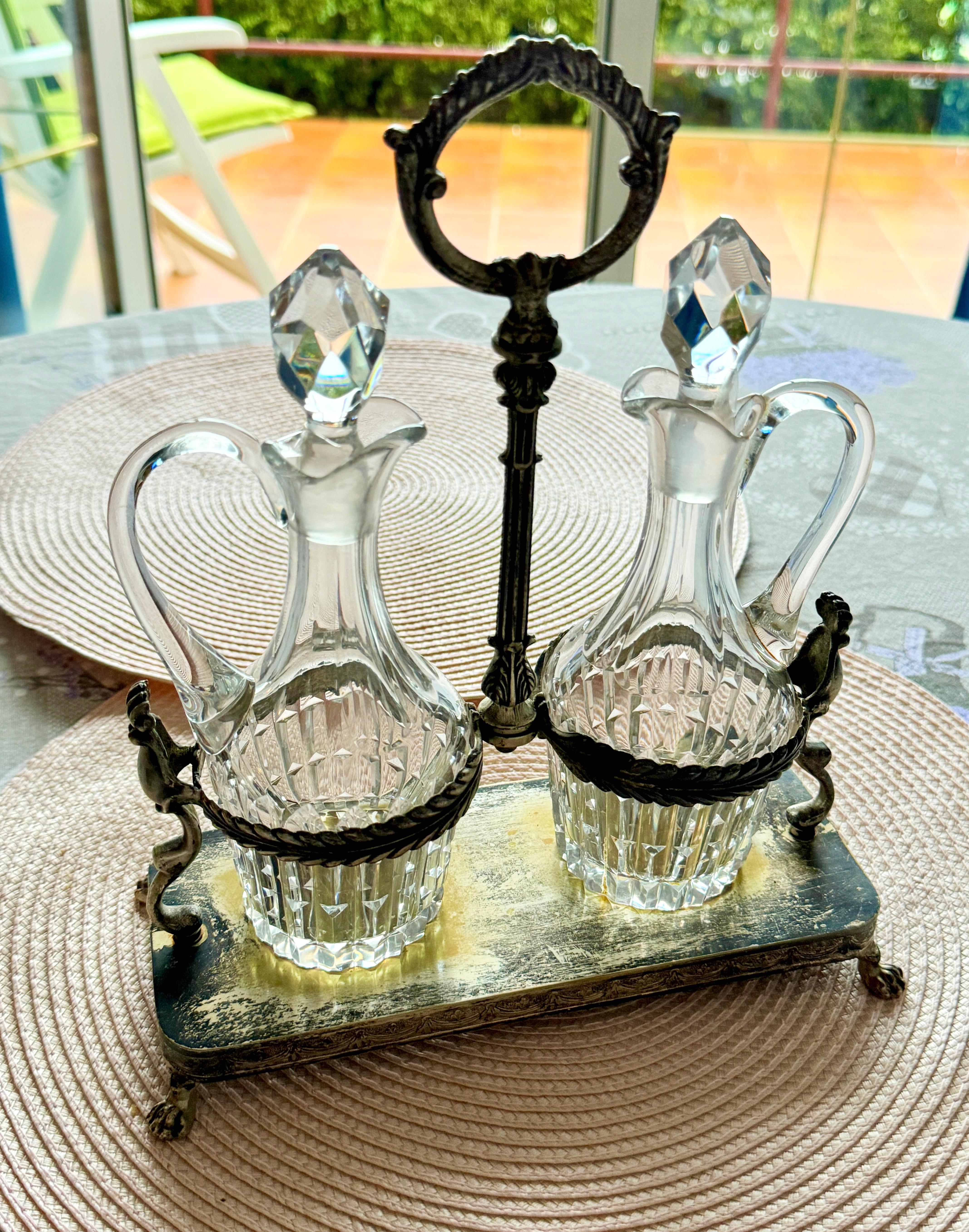 Art Nouveau Cruet Glass Two Bottle Vinegar & Oil Set Antique European, 1900s For Sale 13
