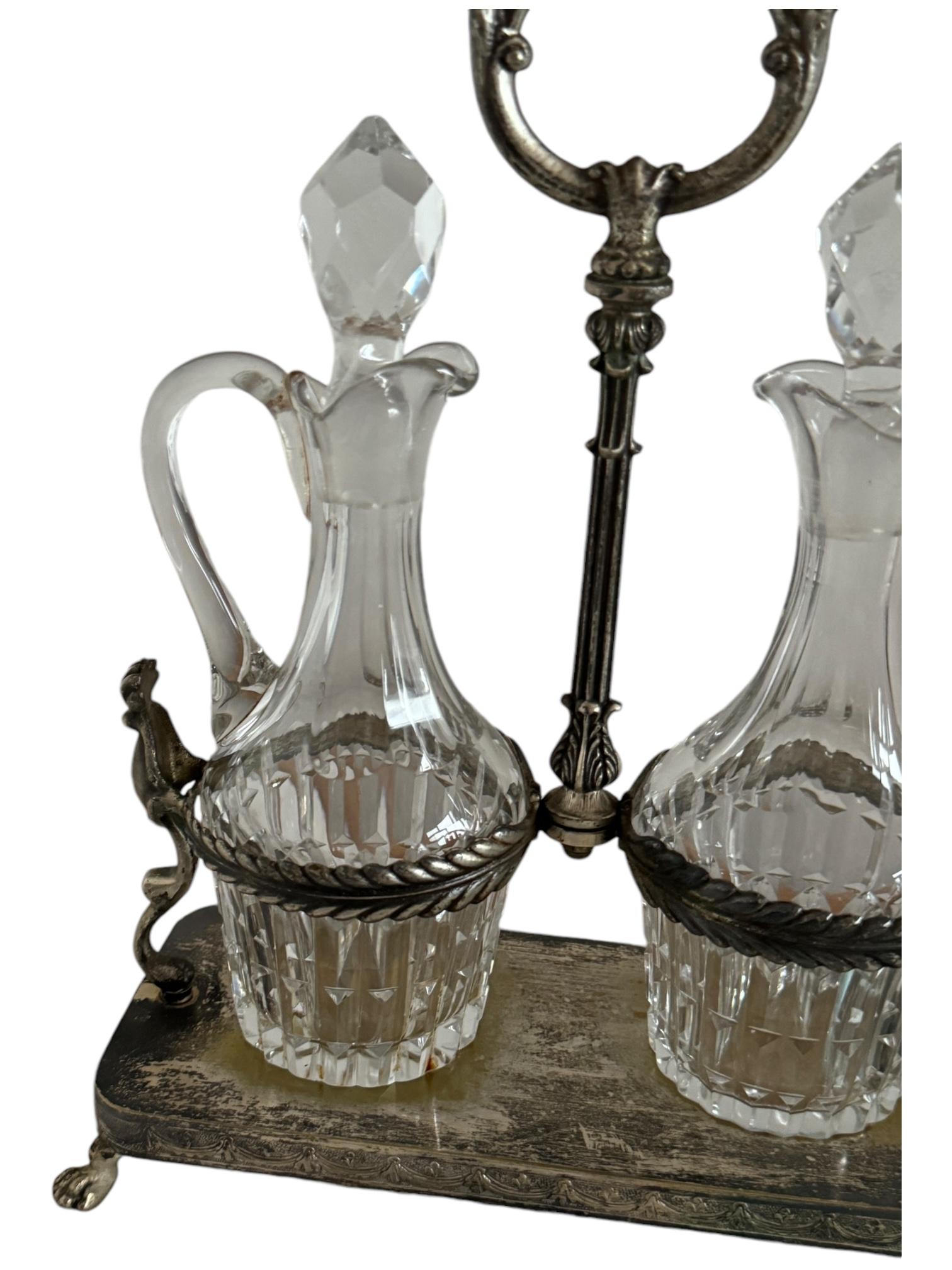 Italian Art Nouveau Cruet Glass Two Bottle Vinegar & Oil Set Antique European, 1900s For Sale