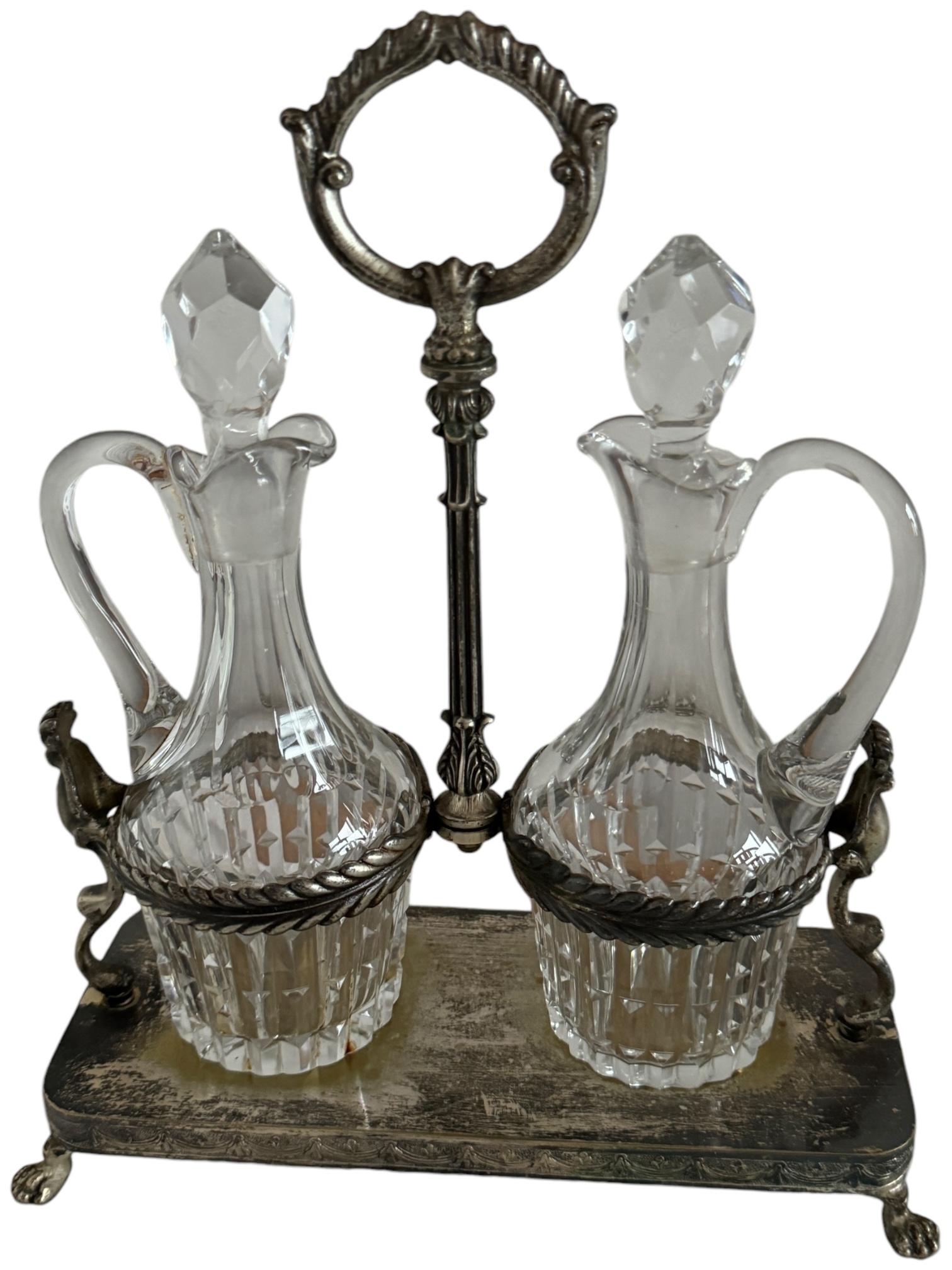 Early 20th Century Art Nouveau Cruet Glass Two Bottle Vinegar & Oil Set Antique European, 1900s For Sale