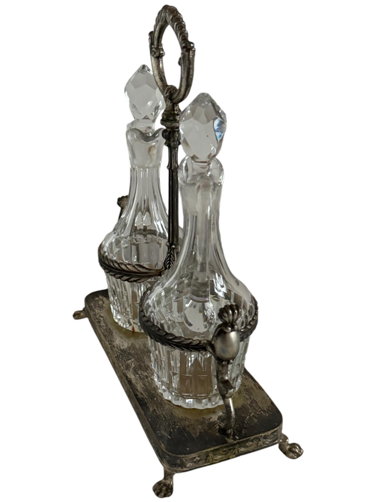 Metal Art Nouveau Cruet Glass Two Bottle Vinegar & Oil Set Antique European, 1900s For Sale