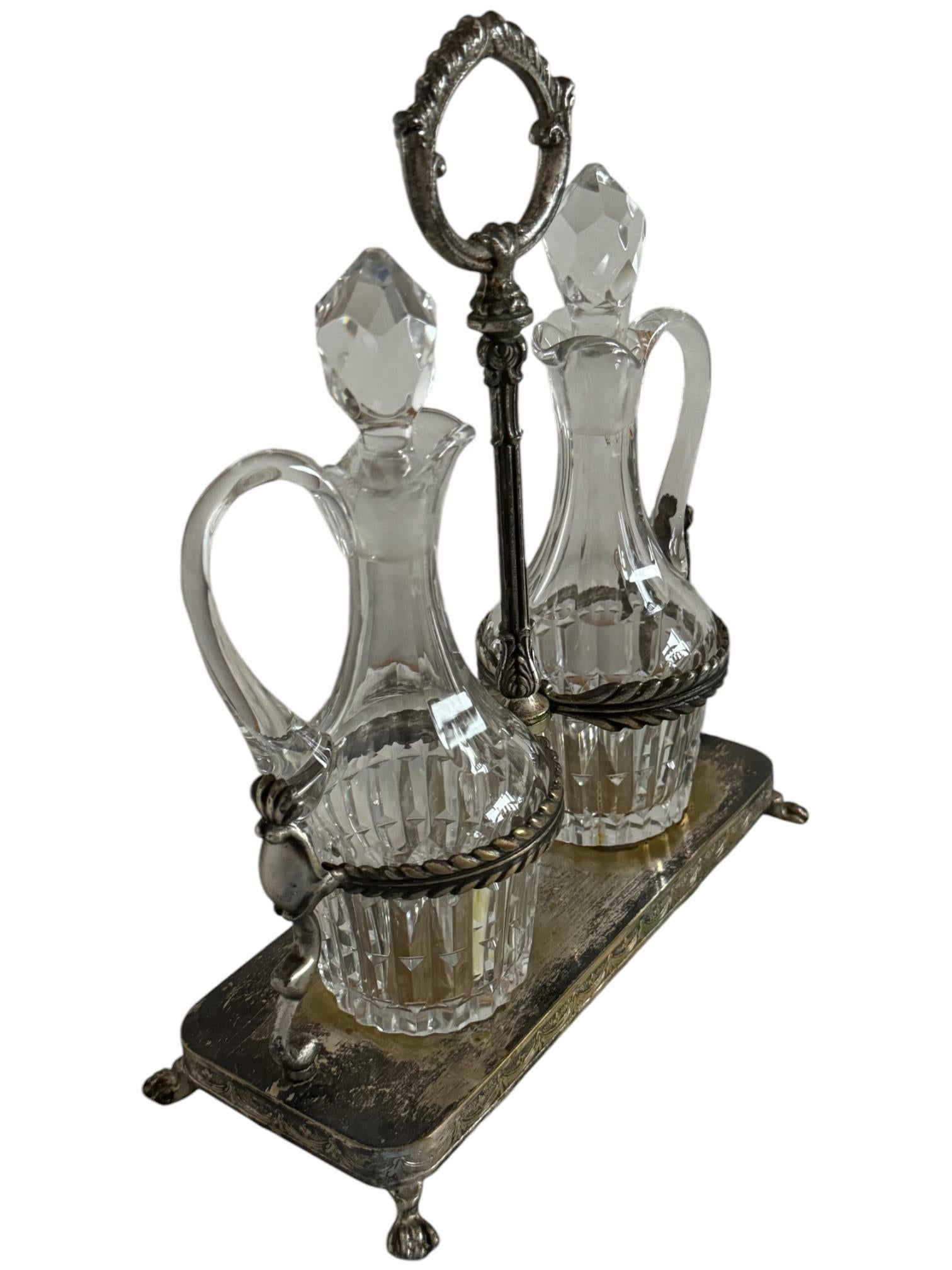 Art Nouveau Cruet Glass Two Bottle Vinegar & Oil Set Antique European, 1900s For Sale 1