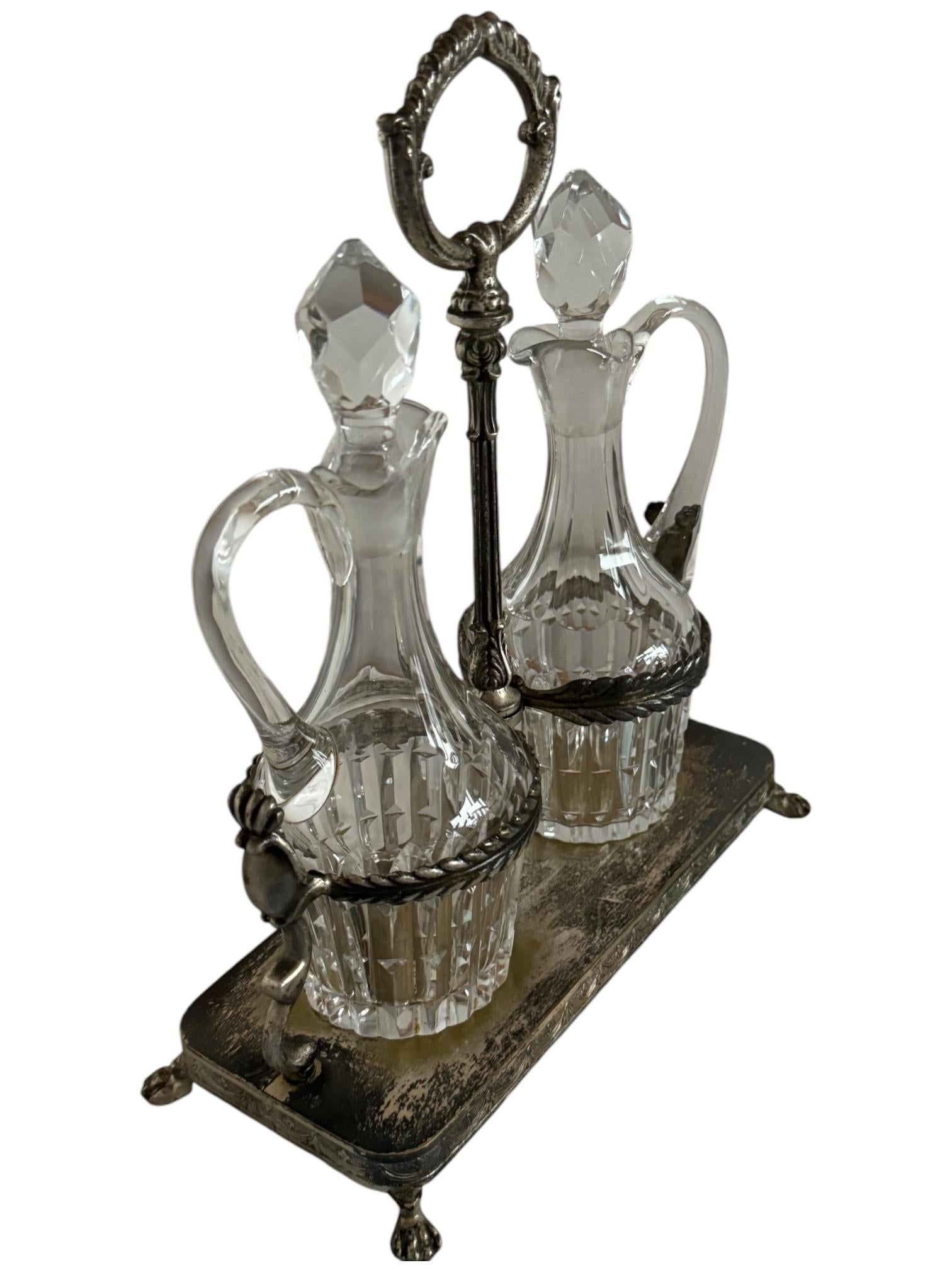 Art Nouveau Cruet Glass Two Bottle Vinegar & Oil Set Antique European, 1900s For Sale 3