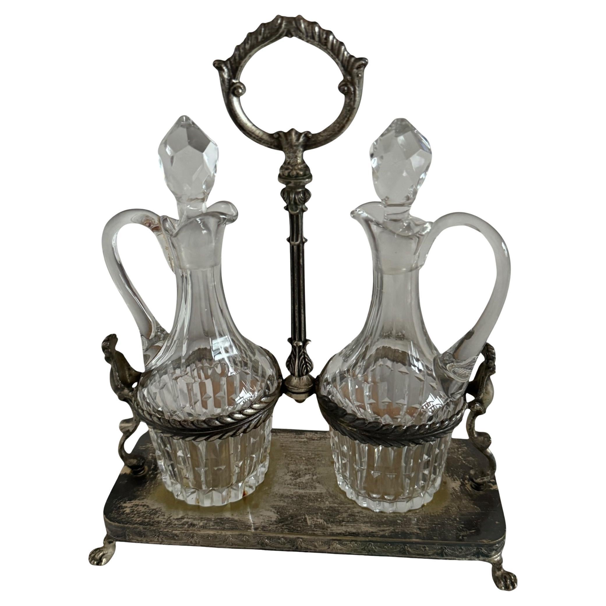 Art Nouveau Cruet Glass Two Bottle Vinegar & Oil Set Antique European, 1900s For Sale