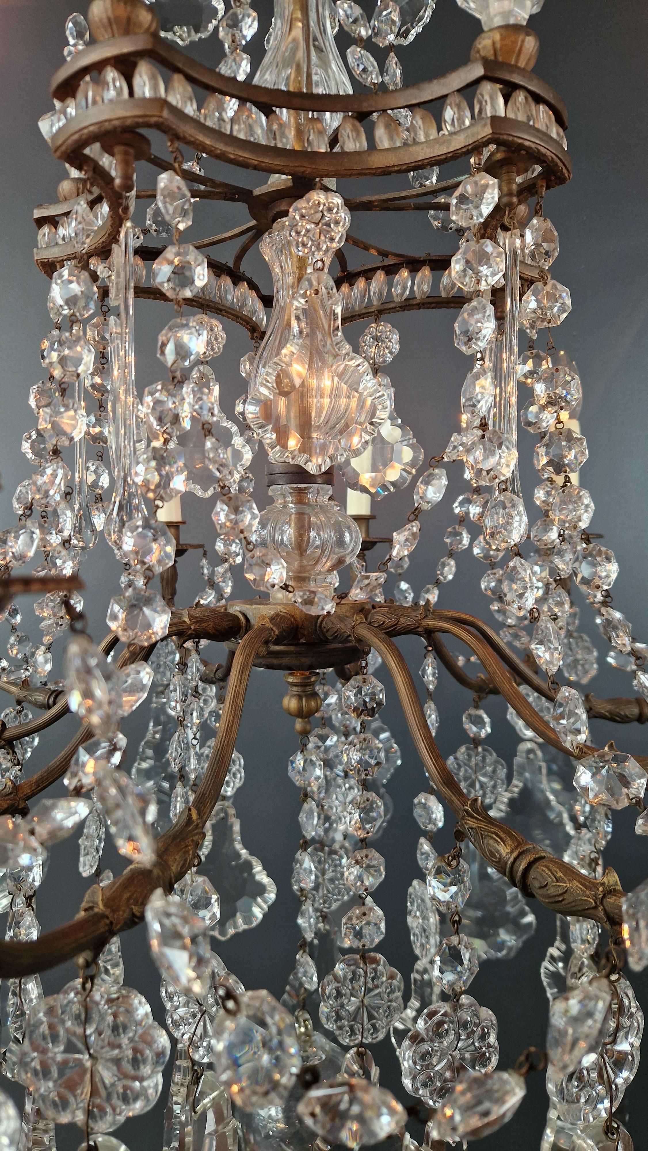 Art Nouveau Crystal Chandelier Brass Large Crystals Traditional Antique Ceiling For Sale 6