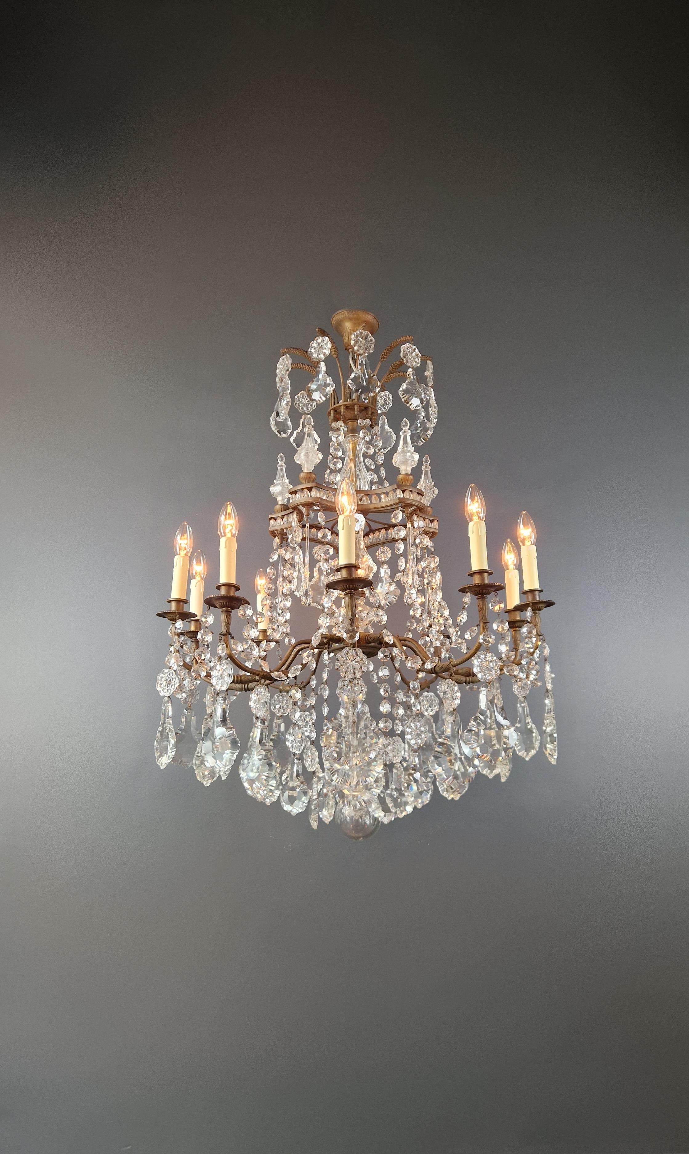Italian Art Nouveau Crystal Chandelier Brass Large Crystals Traditional Antique Ceiling For Sale