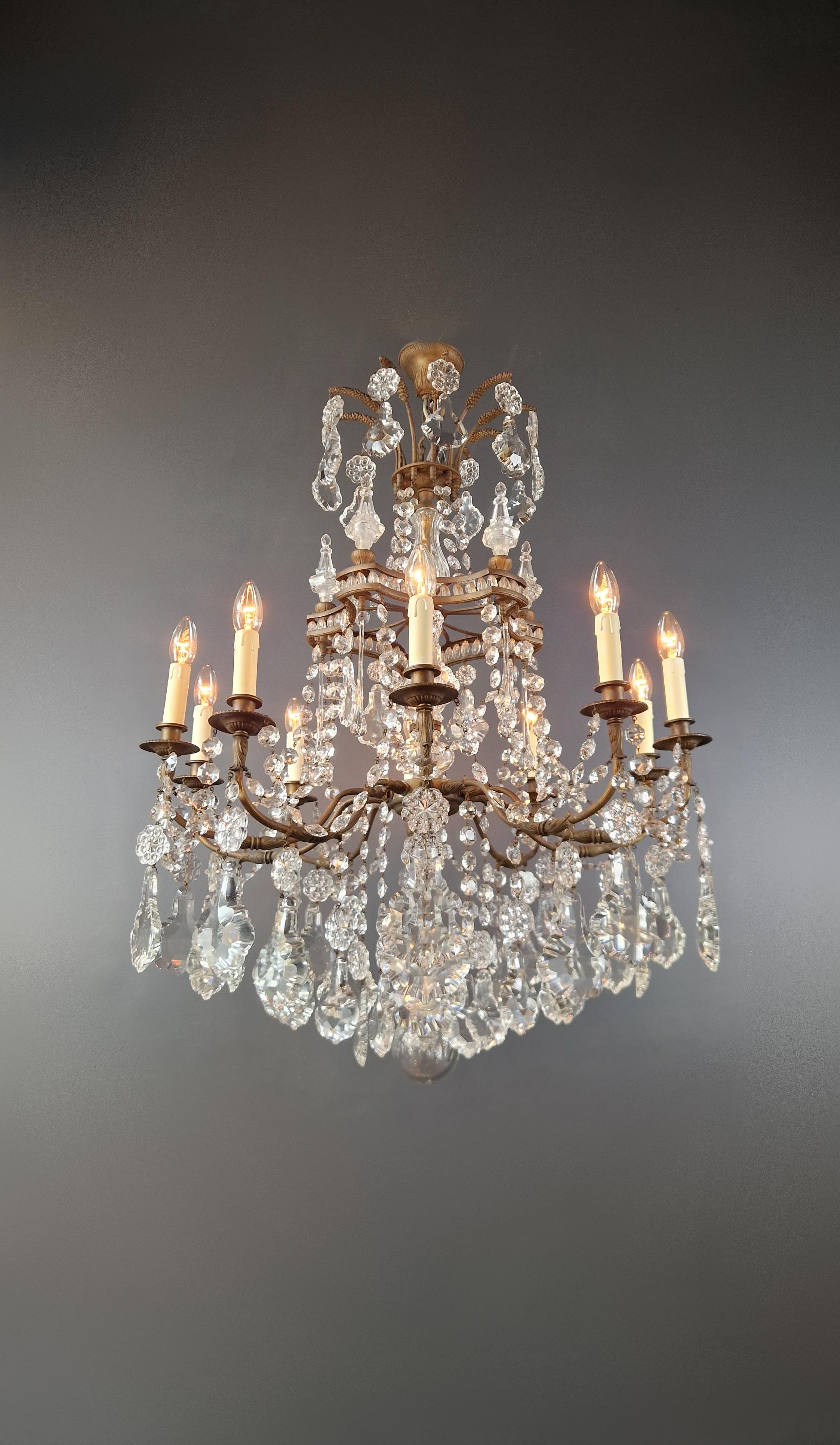 Hand-Knotted Art Nouveau Crystal Chandelier Brass Large Crystals Traditional Antique Ceiling For Sale